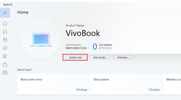 Check Asus model name from MyASUS